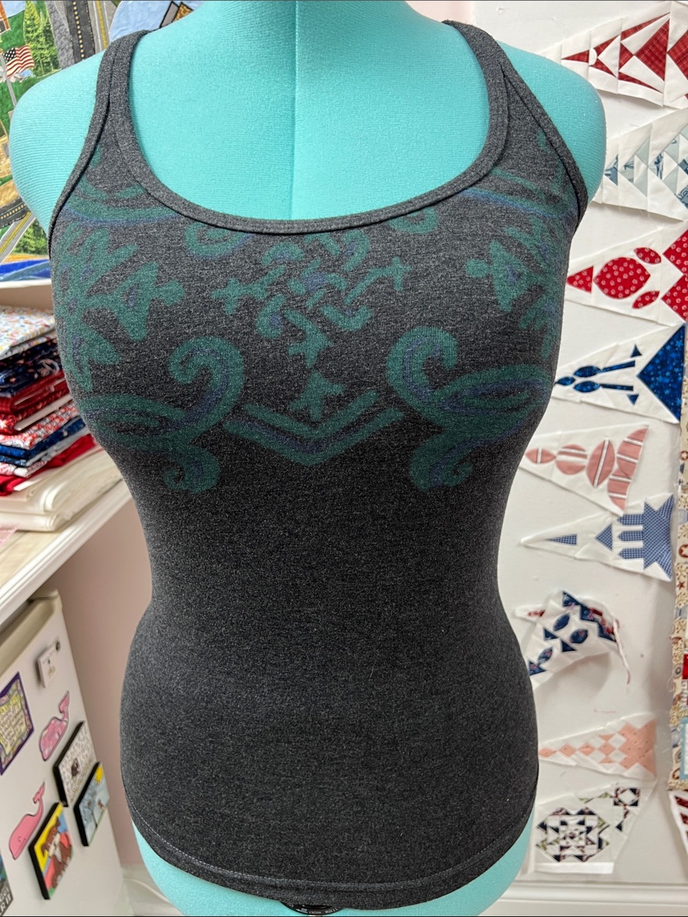 Green Apple Dark Gray Tank with Teal Design